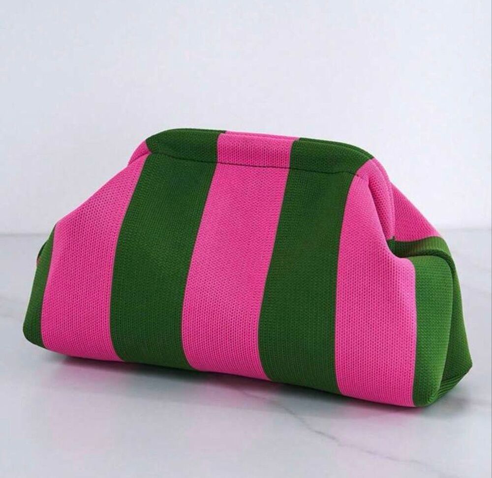 Italian Luxury Boutique Clutch/ Makeup Bag Pink Green Striped NWOT - Picture 2 of 6